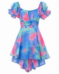 Multicolor Puff Sleeve Mini Dress with Bow – Blue Pink Green Size M