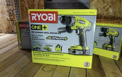 Fresh Stock! Ryobi Hammer Drill Kit incl 2 Lithium Batteries, charger, bag P1812