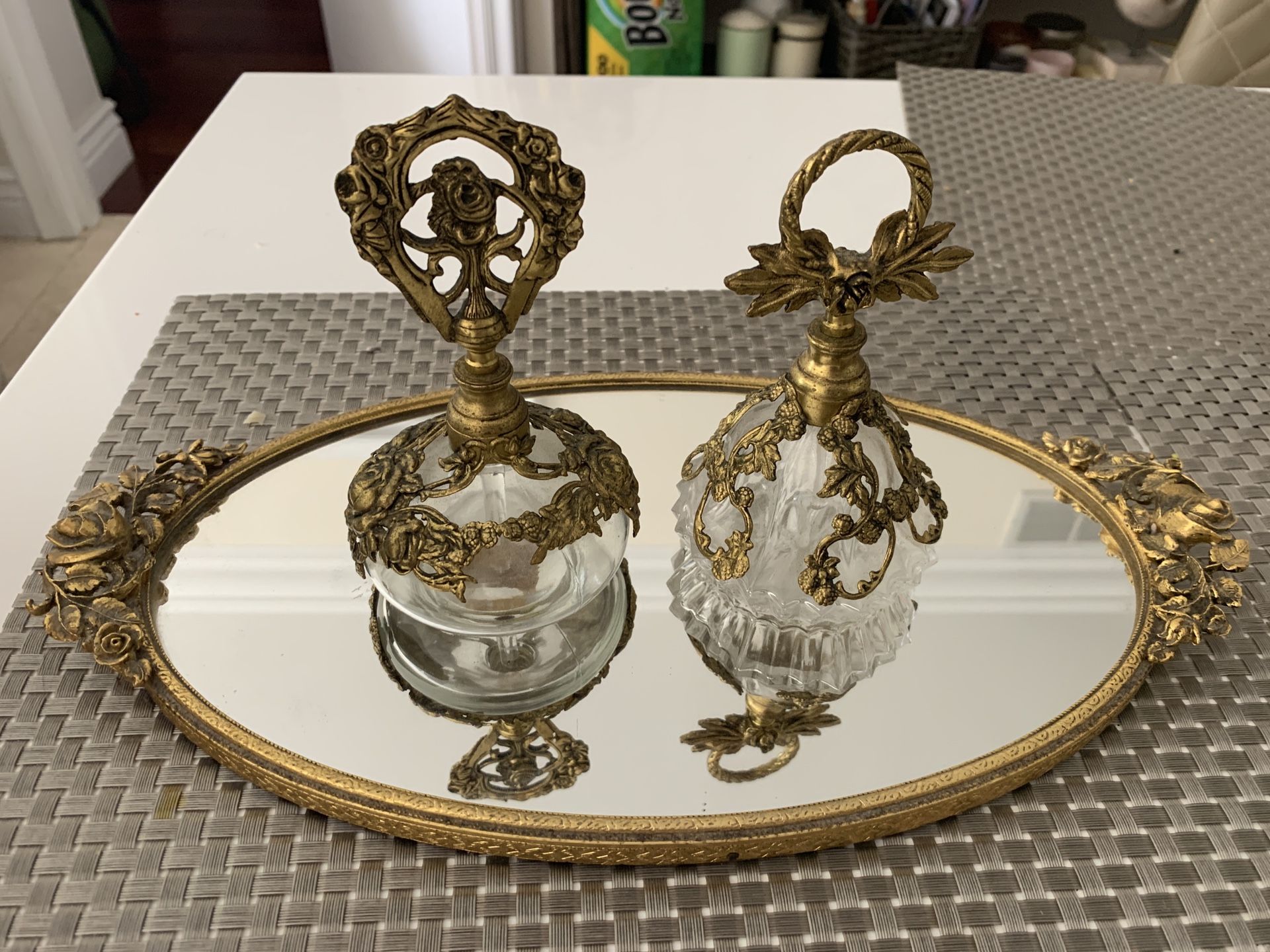 Antique tray and 2 perfume bottles excellent condition