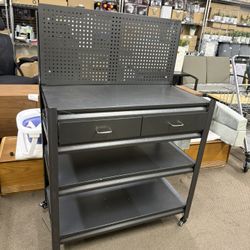 Workbench with Pegboard & Drawer, Adjustable Shelving Work Table, Mobile Workstation with Lockable Wheels for Garage Warehouse Workshop Office, 47.2" 