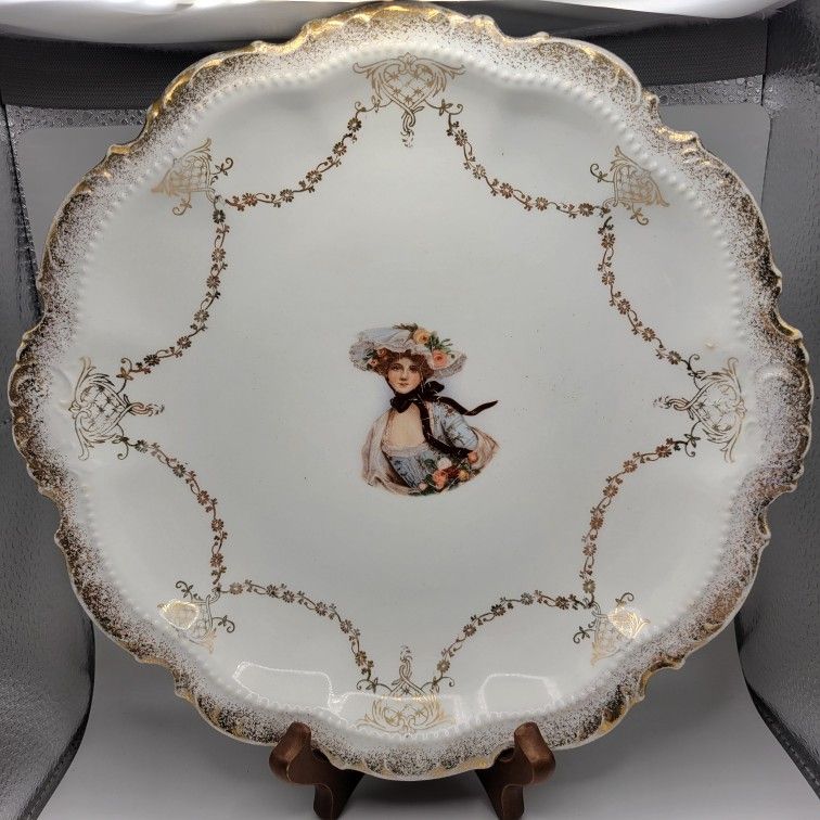 Vtg Victorian Plate Cameo Roses Porcelain Portrait Plate 1930s Gold Trim K4252