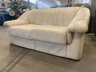 Cream Leather Roll Arm Loveseat