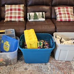Three Totes / Bins Of Legos And Storage Organizers 