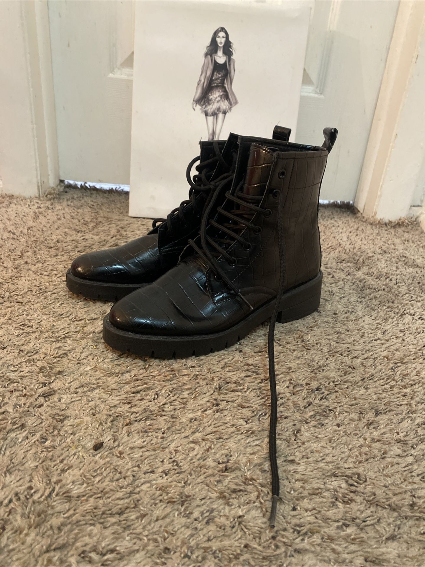 AGL Moreen black embossed leather lace-up combat boot Womens 4