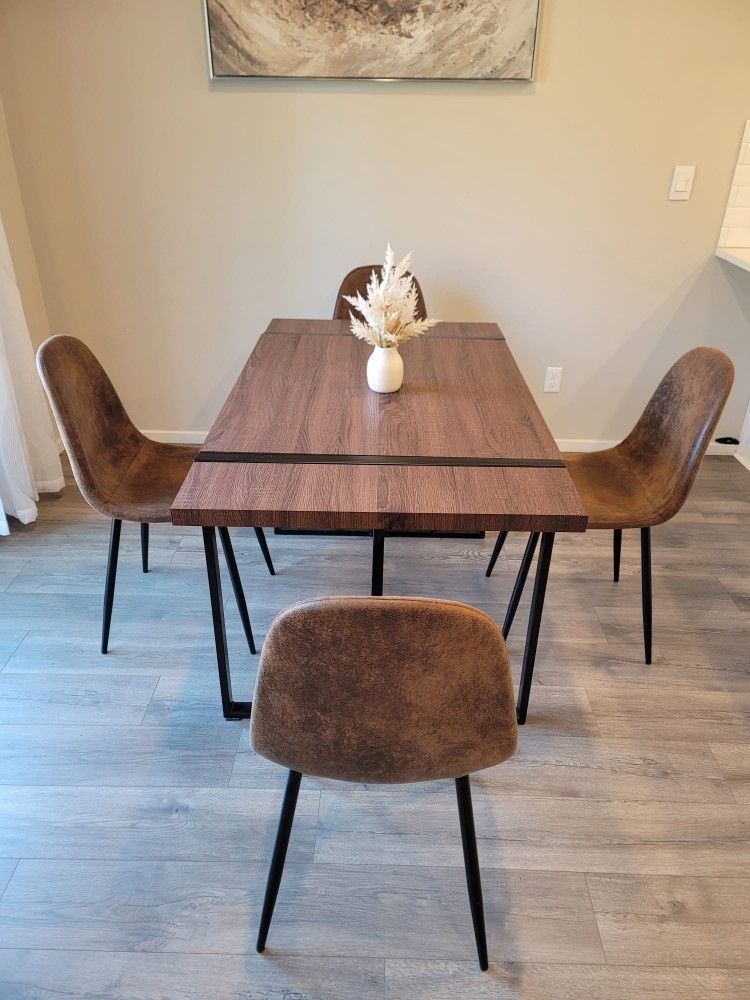 Brown Table and 4 Brown Faux Leather Chairs
