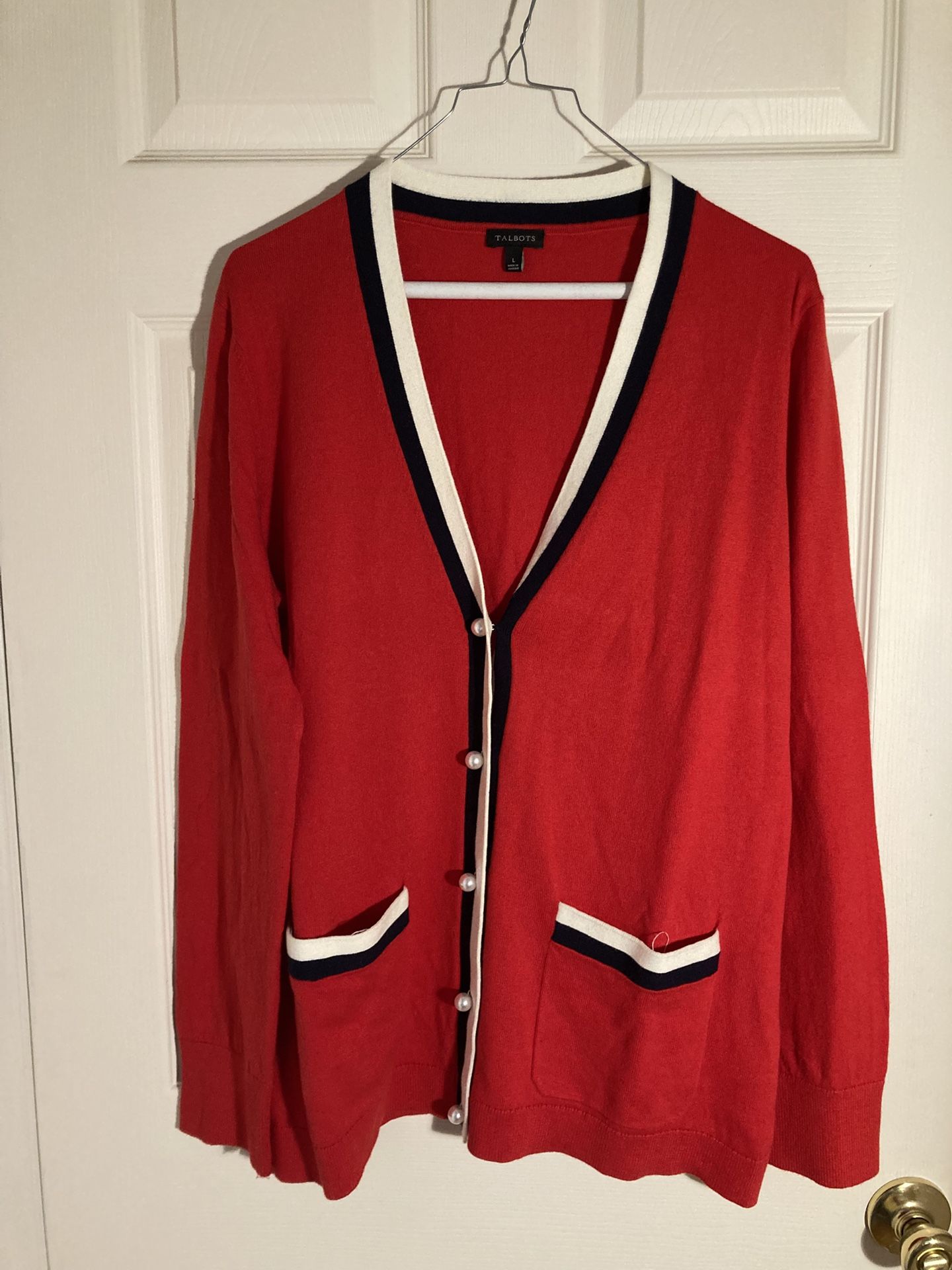 Talbots Red Cardigan Sweater W/Pearl Button Pockets Academia Preppy