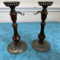 Pair Of Vintage Made in USA Dilly Candle Holders Wood & Pewter 11"