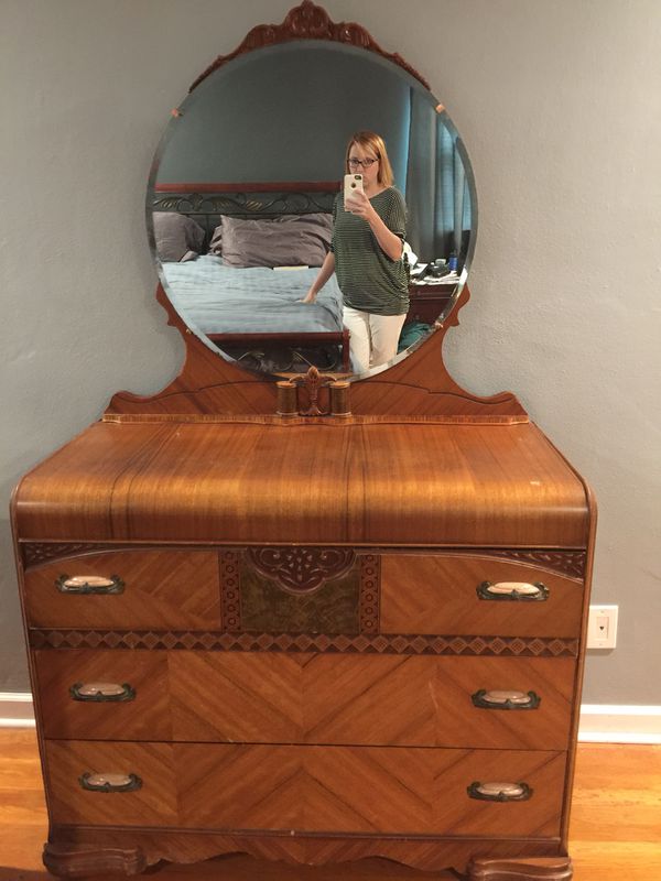 Antique Waterfall Dresser With Round Mirror For Sale In Virginia