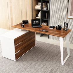 Used Modern L-Shaped Executive Desk w/ Storage – White & Walnut – 2 Available