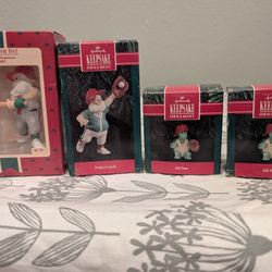  4 Vintage Hallmark Keepsake Ornaments 1987, 1990, 1991 Santa At Bat, perfect Catch And 2 All Star Catchers. 
