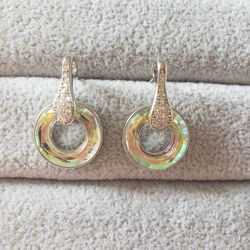 Silver Circle Earrings With Paved Zirconia Stone 