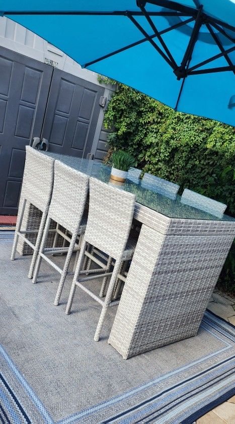 Outdoor Patio Furniture Huge Gray Wicker High Top Bar Table Set With Barstools/Aluminum Frame, Won't Rust/$Delivery For$