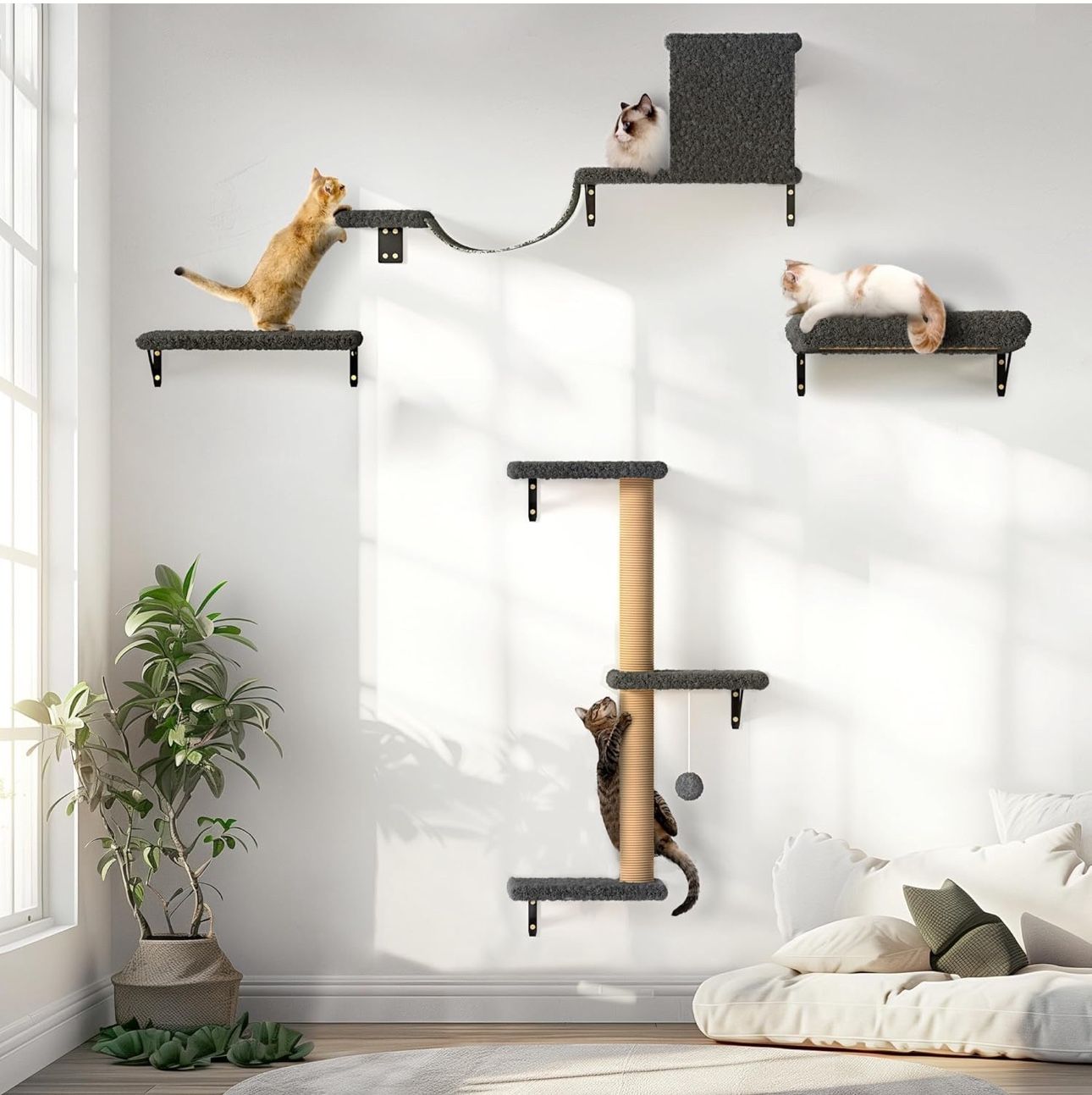 Wood Cat Wall Shelves Climbing Wall with Scratching Post Bridge New Condition in Box