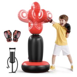 QPAU 360° Rotatable Kids Punching Bag - 64" Boxing Bag with 4 Targets & Kids Boxing Gloves, Inflatable Punching Bags with Hand Pump, Karate Taekwondo 