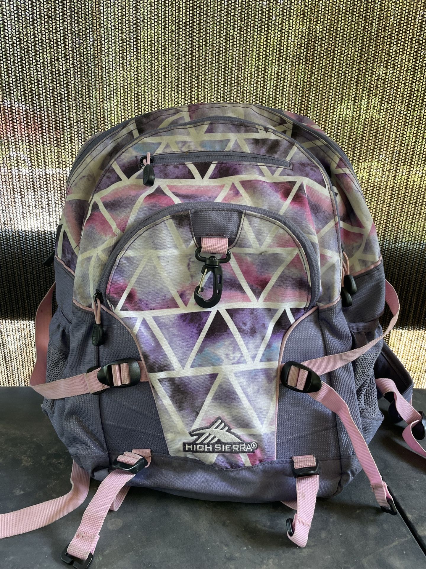 High Sierra Backpack Purple Suspension 18” Green Stain Rip Bottom