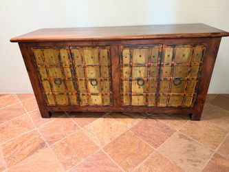 Brown wood four door storage cabinet entry table