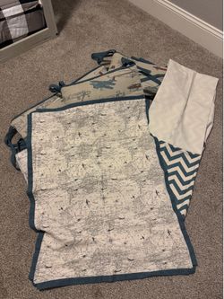 Crib, bedding, vintage airplane