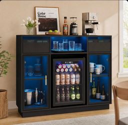 BRAND-NEW-UNUSED-UNOPENED .6" Coffee Bar Cabinet with Fridge Space, Modern Sideboard Buffet Server with Glass Doors and Drawers for Dining Room, Black
