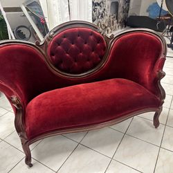 Antique Victorian Red Velvet Loveseat 