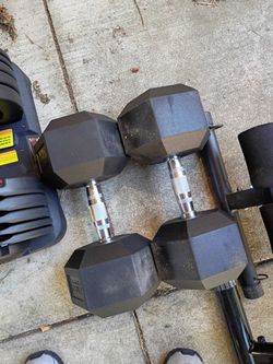 Two 65lb rubber coated hex dumbbells only $100