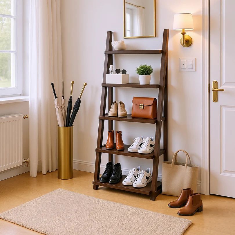 Homy Casa · Arbor 72″ 5-Tier Ladder Shelf · Rustic Brown Wood Storage