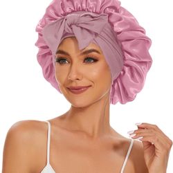 Brandnew Satin Silk Bonnet Hair Bonnet for Sleeping Jumbo Sleep Cap, Bonnet for Women Curly Hair, Double Layer Bonnet with Tie Band, Shower Cap