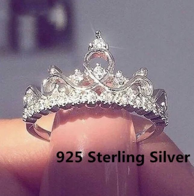 Cz Princess Crown Sterling Silver Ring S925 Size 7