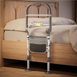 Bed Rails for Elderly Adults Safety Foldable Bed Assist Rail with Adjustable Height, Non-Slip Handle, Motion Sensor Light & Storage Pouch, Fits King Q