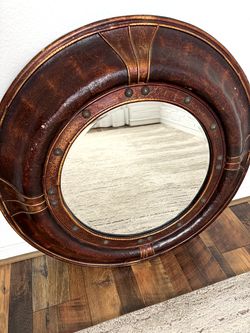 Round, Distressed brown leather-wrapped wall Mirror D - 34"