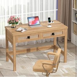 Natural Oak Computer Desk with Drawers and Power Outlets