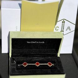 18k yellow gold Red Van cleef Alhambra style Carnelian 5 motifs clover shape stone bracelet