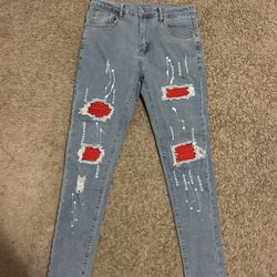 Men’s Dark Blue Jeans with Red Patches Size 30