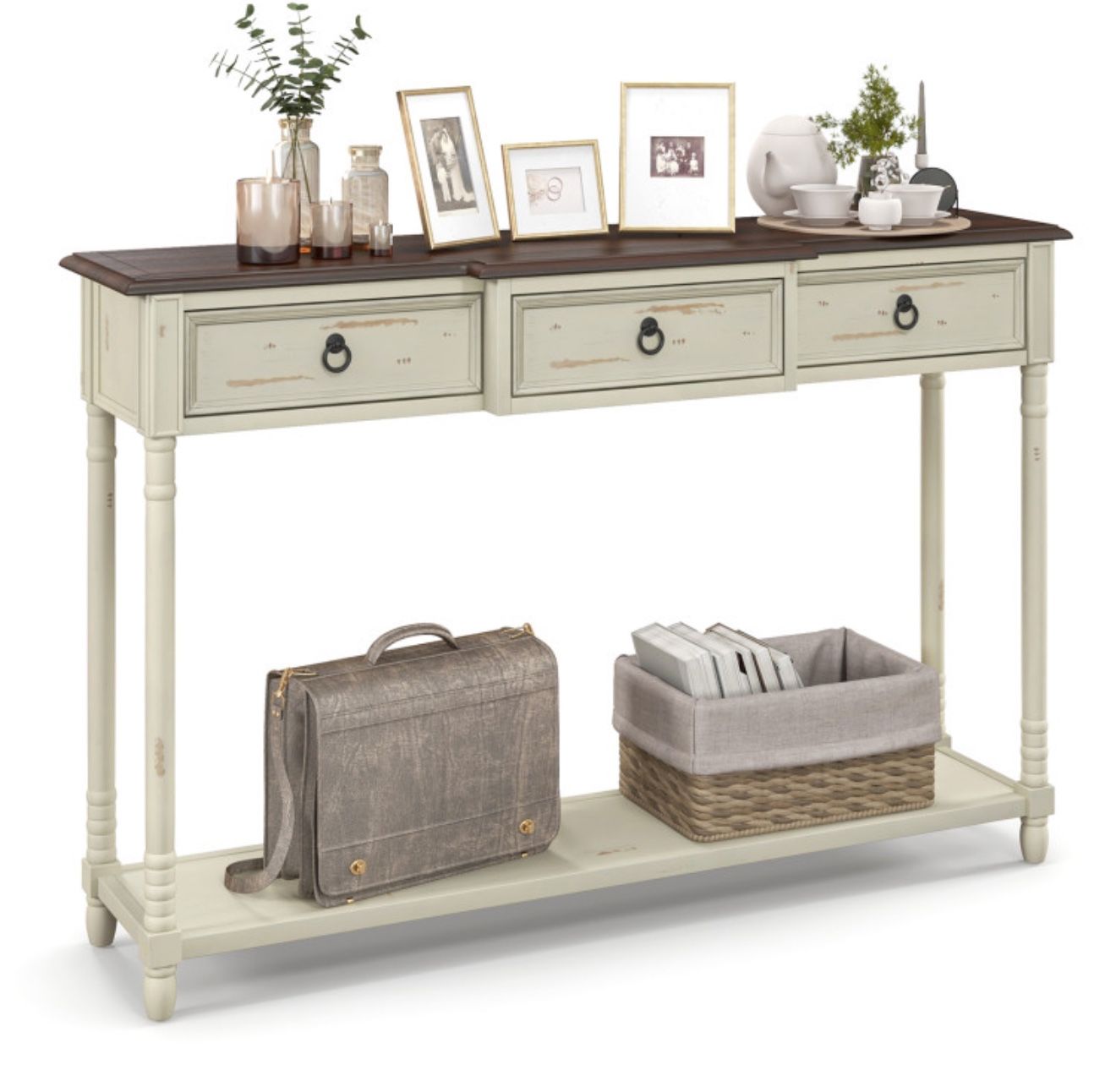 52 Inch Farmhouse Console Table with 3 Drawers and Open Storage Shelf for Hallway