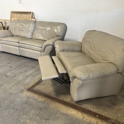 Genuine Leather Sofa & Oversized Recliner Chair Set - Comfy - Clean - Grey/Taupe Delivery Available 