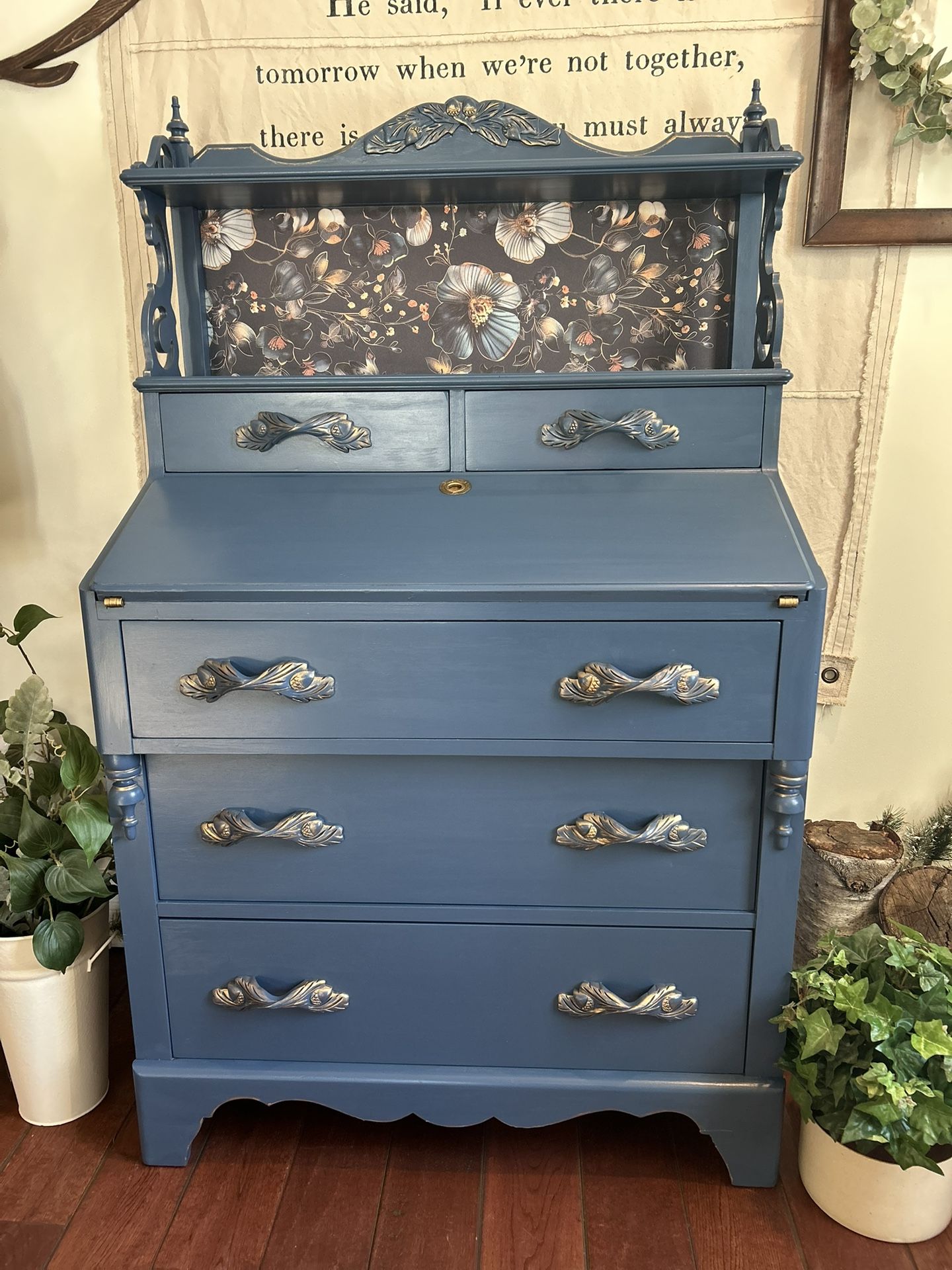 Blue Vintage Secretary Desk *Delivery Is Available *