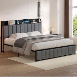 Queen size metal bed frame with headboard and charging ports