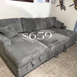 3-pc Convertible Sectional Sofa W/ Pull-out Bed Double Storage Chaise 