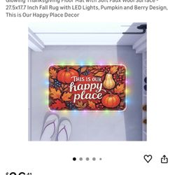 Glowing floor mat featuring pumpkins and berries. Includes LED lights for a warm glow. Perfect for holiday decor or any time. See pictures 