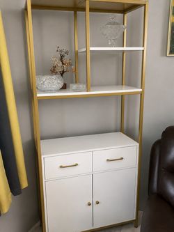 White and Gold Bookcase with Cabinet