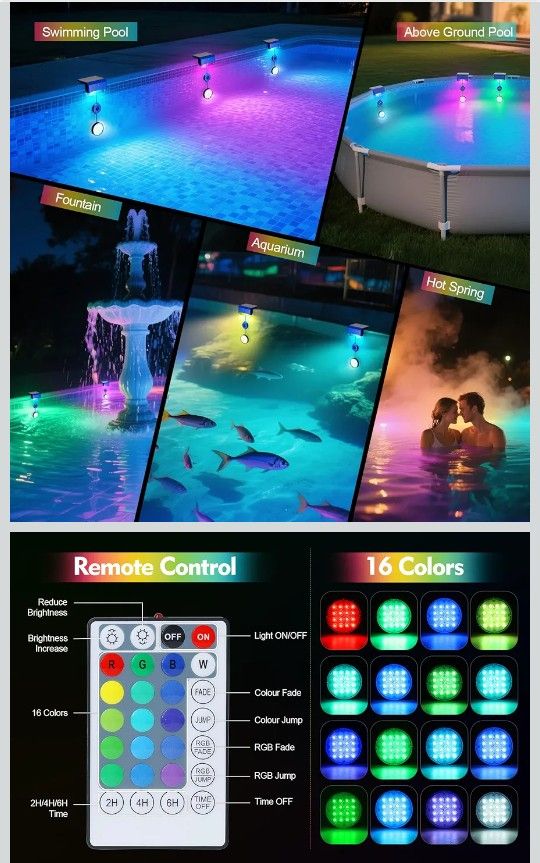 2-in-1 Solar Pool Lights,16 Colors Solar Powered Submersible LED Lights with Remote Control&IP68 Waterproof,Swimming Pool Lights for Above Ground Pool