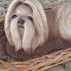 Vintage Sandicast Shih Tzu Dog Hand Painted Figurine Sculpture in Basket designed and hand painted by Sandra Brue Limited Edition.  Great gift! 