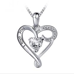 S925 Sterling Silver Zircon Love Heart Shaped “I Love You” Necklace
