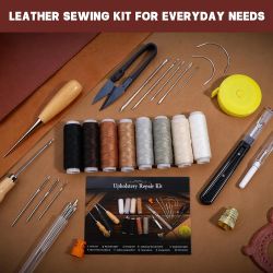 Upholstery Repair Sewing Kit Heavy Duty Sewing Kit with Awl Tools, Seam Ripper, Hand Stitching Needles, Upholstery Thread, Leather Craft Tool for Shoe