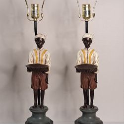 Unique Pair of Blackamoor Nubian Egyptian Figural Plaster Table Lamps MCM 1980s