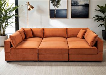 ORANGE VELVET SECTIONAL WITH OTTOMAN