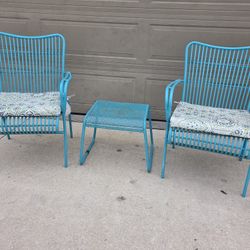Set of 2 Turquoise Boho Patio Chairs + Cushions & Table