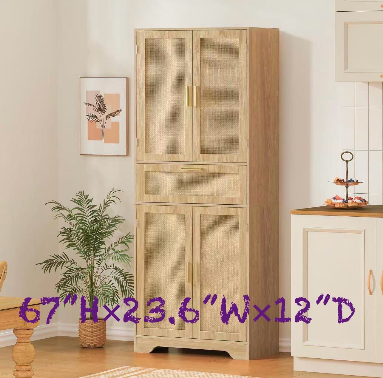 ✌️ Storage Cabinet with Large Storage Drawer, Rattan Storage Cabient Tall Cabinet with Adjustable Shelves, Accent Cabinet for Kitchen, Living Room,
