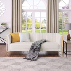 77.6" 3 Seater Sofa, Modern PU Leather Couch with Golden Legs & Armrests & 2 Pillows for Business Office, Cream White