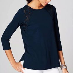 NWT J Jill Navy Blue Eyelet Knit Top Tee XS Cotton Blend Tie Back Cut Out