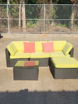 Luxury Lime Green Outdoor Patio Sofa Set – Modern Resort Style Wicker Lounge Collection delivery available